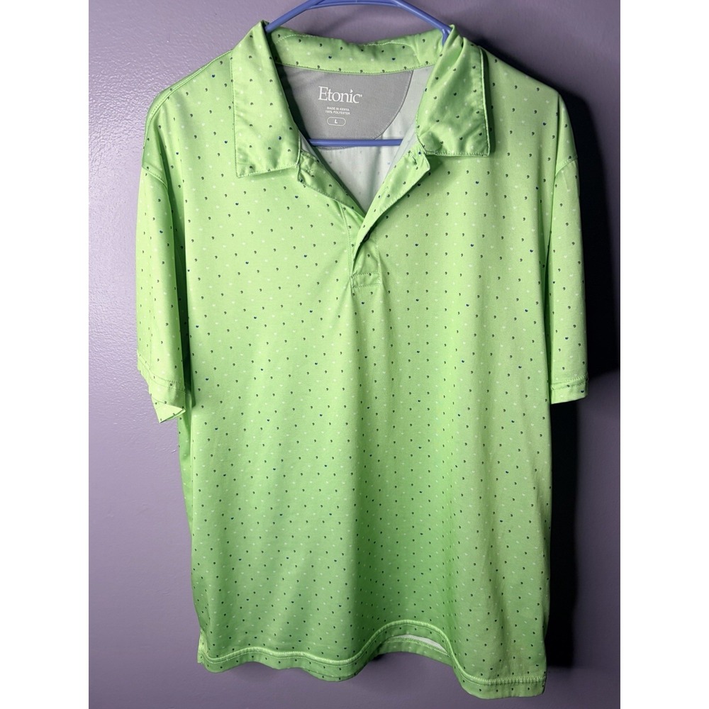 Etonic Mens Golf Polo Shirt Large Green Dot Print Short Sleeve Moisture Wicking